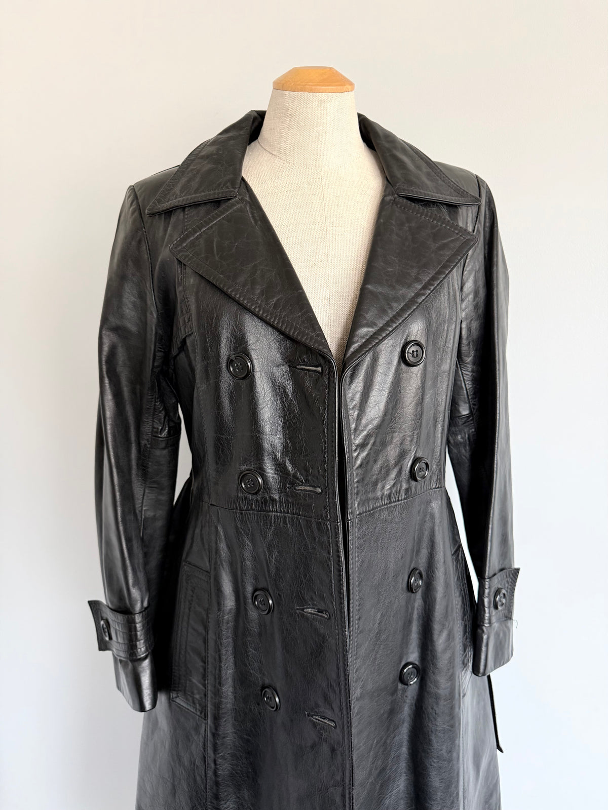 1970s Black Leather Trench Coat, Size S
