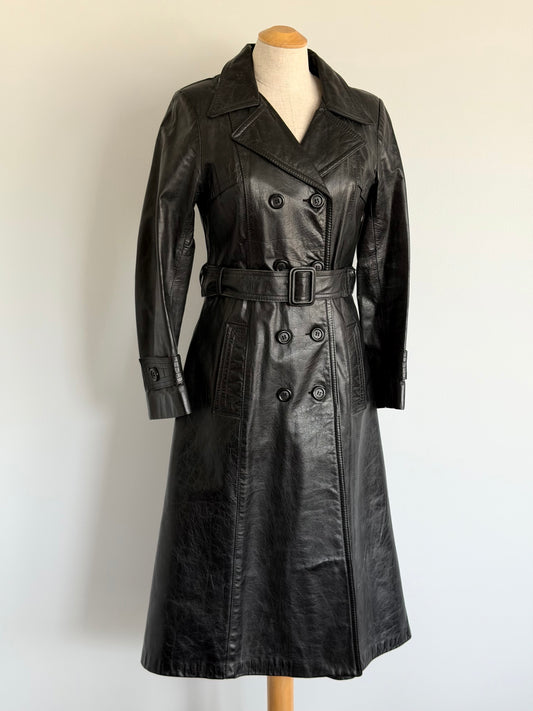 1970s Black Leather Trench Coat, Size S