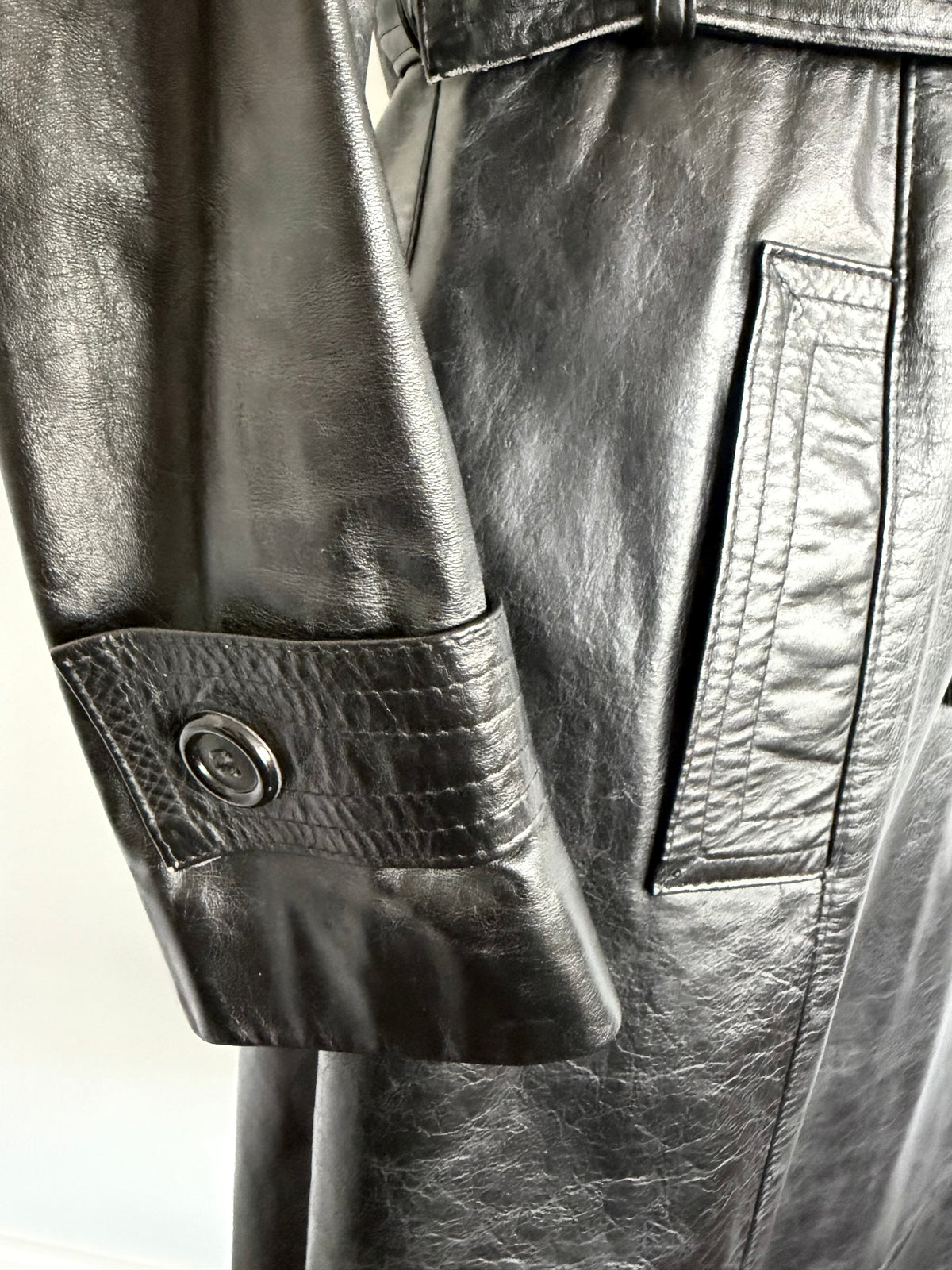 1970s Black Leather Trench Coat, Size S