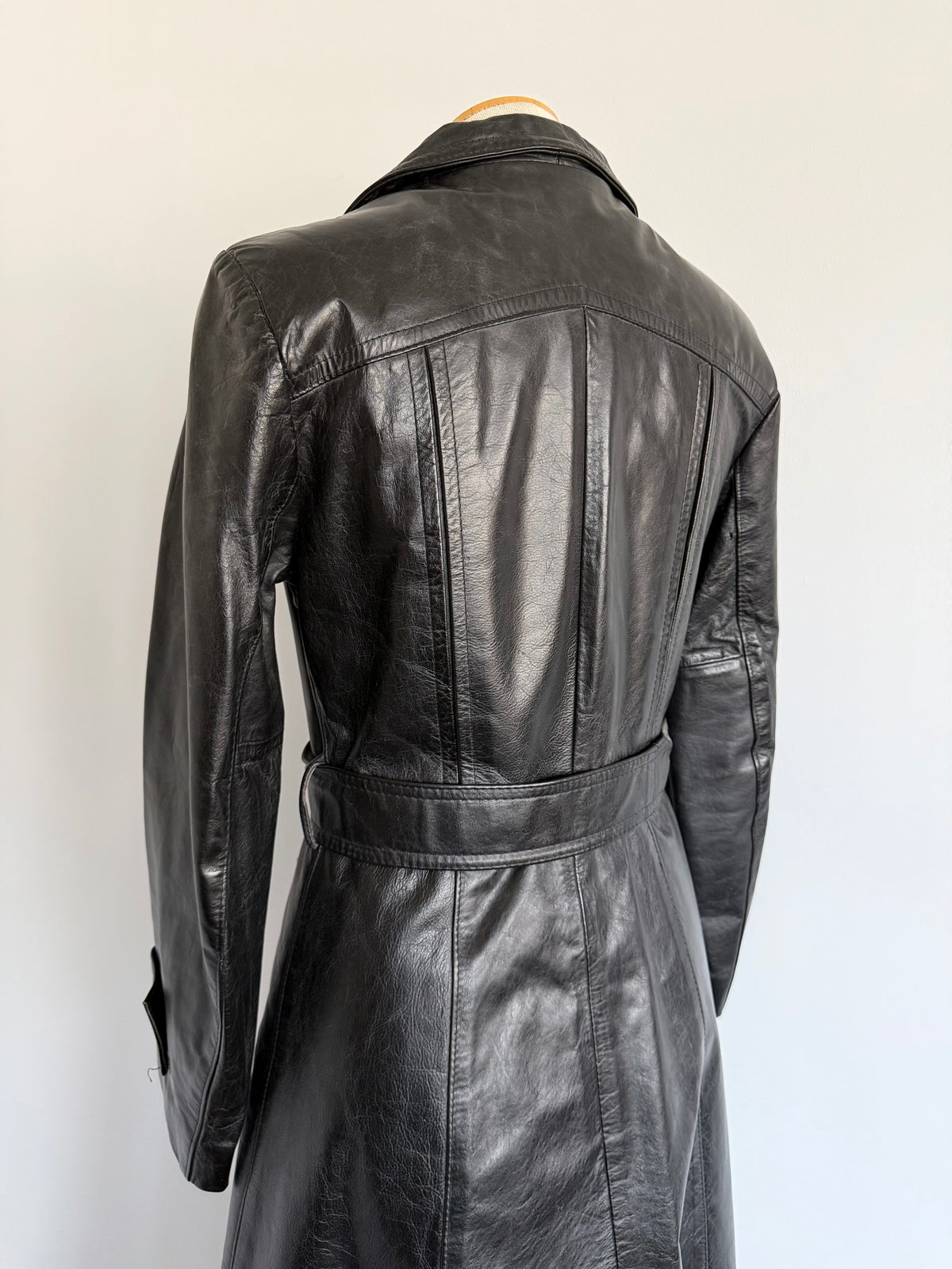 1970s Black Leather Trench Coat, Size S