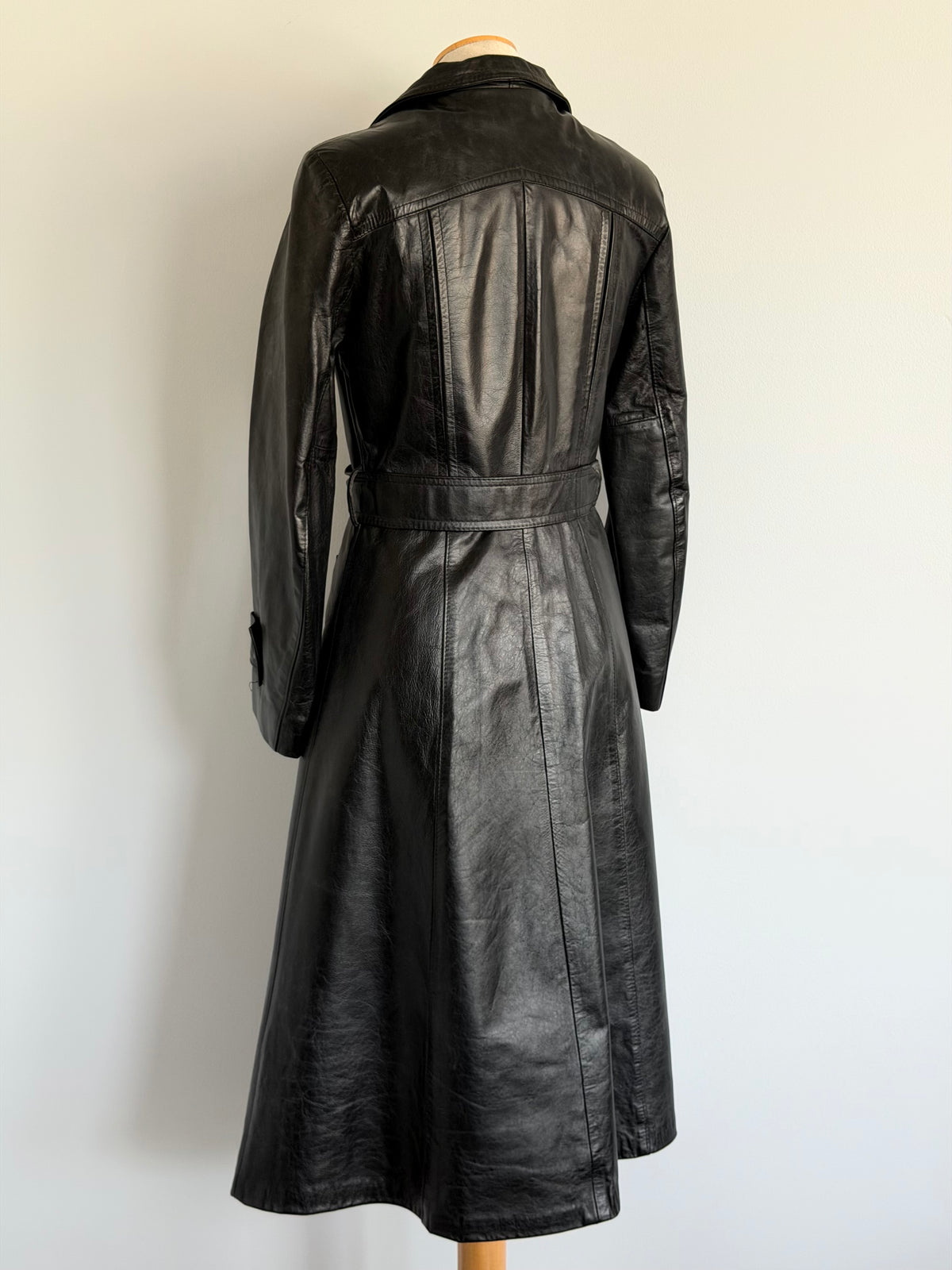1970s Black Leather Trench Coat, Size S