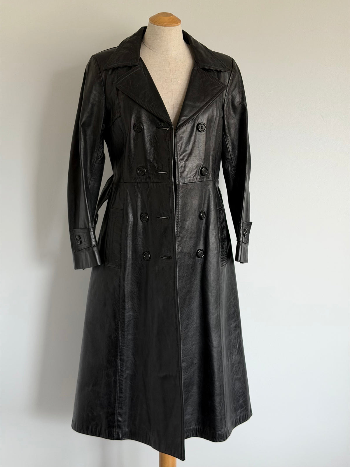 1970s Black Leather Trench Coat, Size S