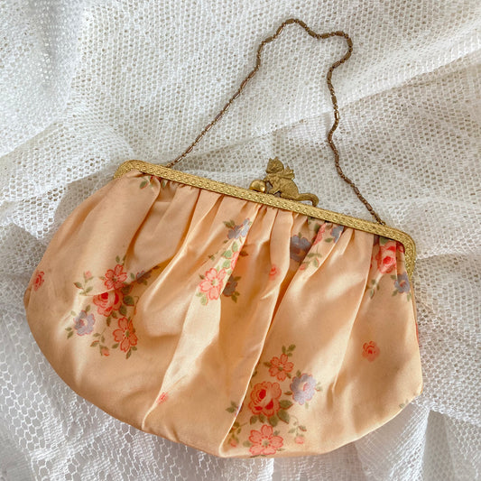 Adorable Vintage Kitty Clasp Purse, Brass Top Fabric Vintage Purse with Kitty Theme