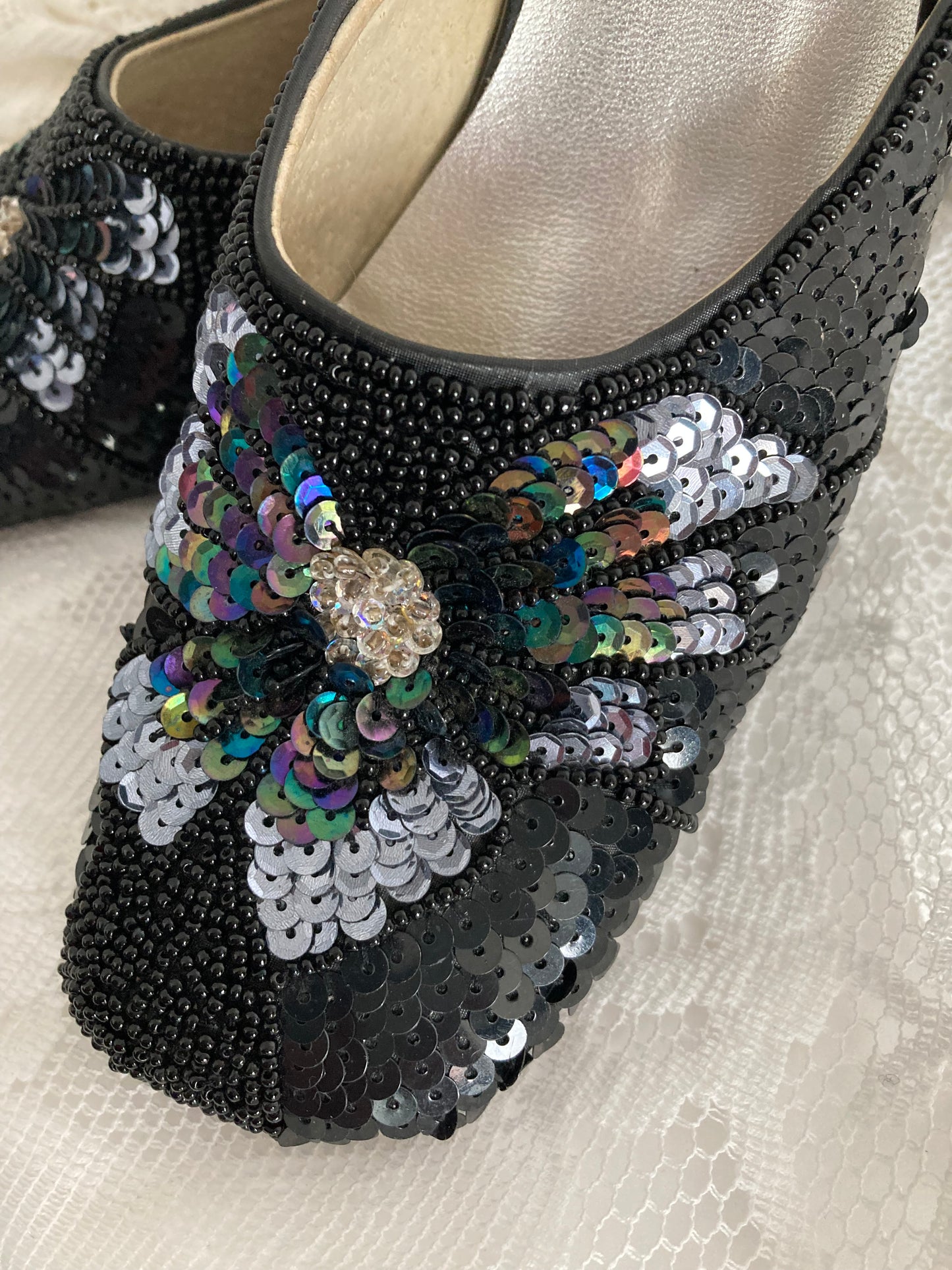 90s Black and Silver Evening Shoes, Size 37