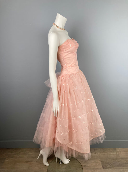 Sweet Pink 1950s Prom Dress, Vintage Embroidered Chiffon and Tulle Prom Dress, Size XS