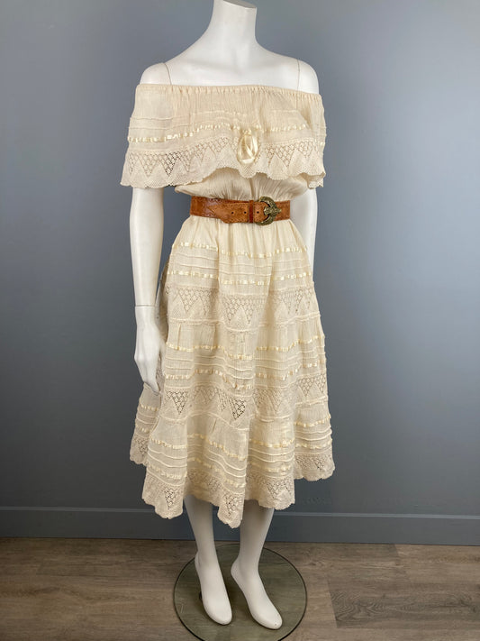 Vintage Cotton Flouncy Dress with Lace and Ribbon Trim, Mexican Wedding Dress Style, Size L/XL