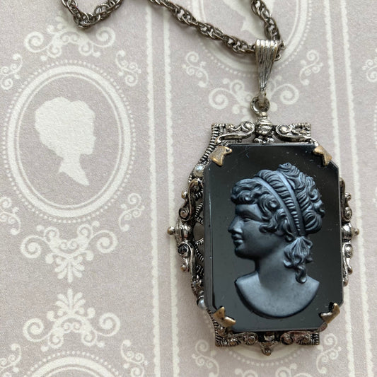 Large Black Cameo Necklace in Filigree Setting, Black Glass Cameo Necklace, Vintage Black Cameo Necklace