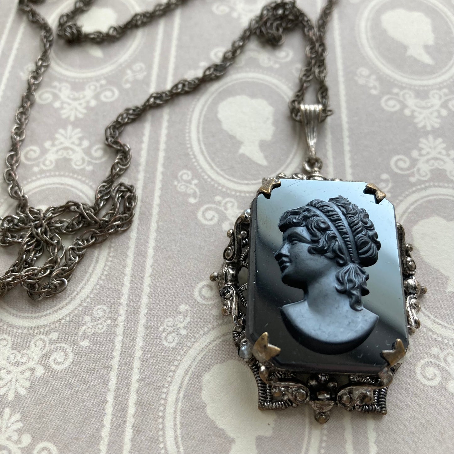 Large Black Cameo Necklace in Filigree Setting, Black Glass Cameo Necklace, Vintage Black Cameo Necklace