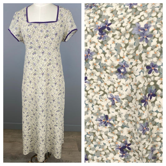 90s Tie Back Violet Theme Shift Dress with Velvet Trim, Size L