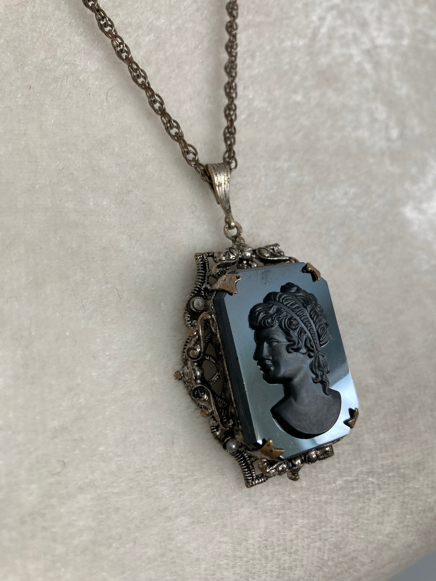 Large Black Cameo Necklace in Filigree Setting, Black Glass Cameo Necklace, Vintage Black Cameo Necklace