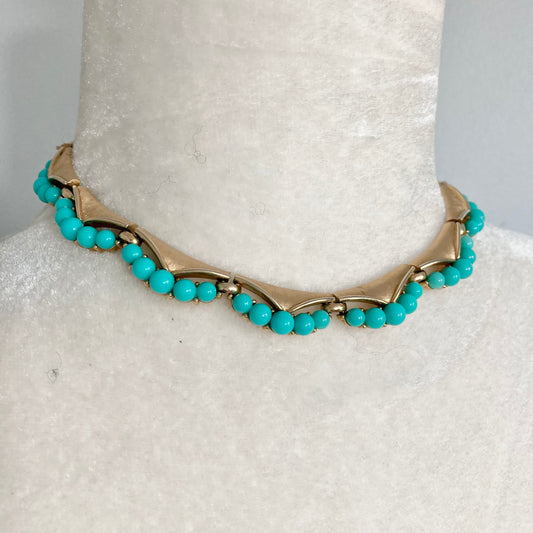Crown Trifari Brushed Gold and Faux Turquoise Choker Necklace