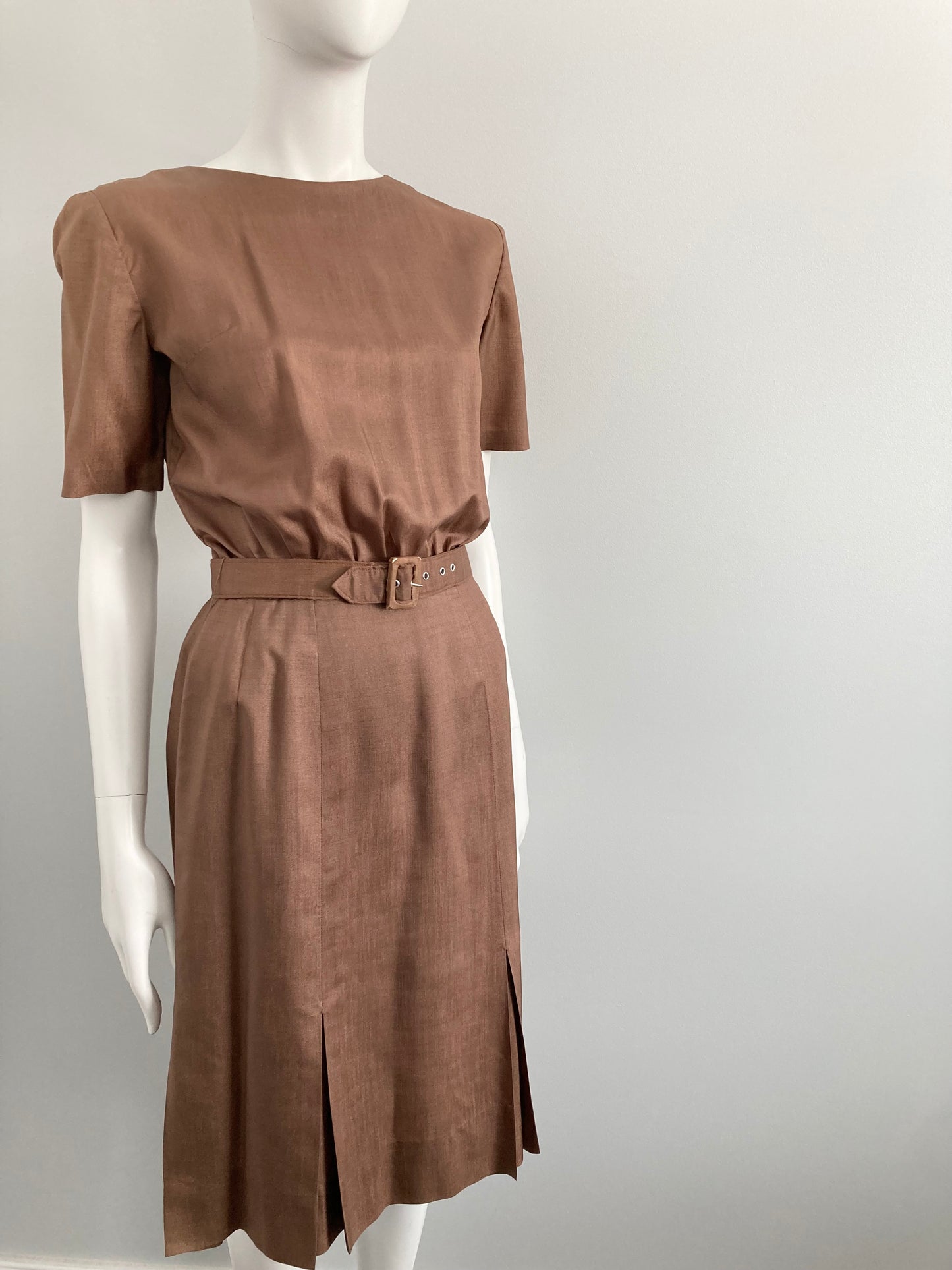 1950s Mocha  Day Dress with Pleated Skirt Details, Size XS