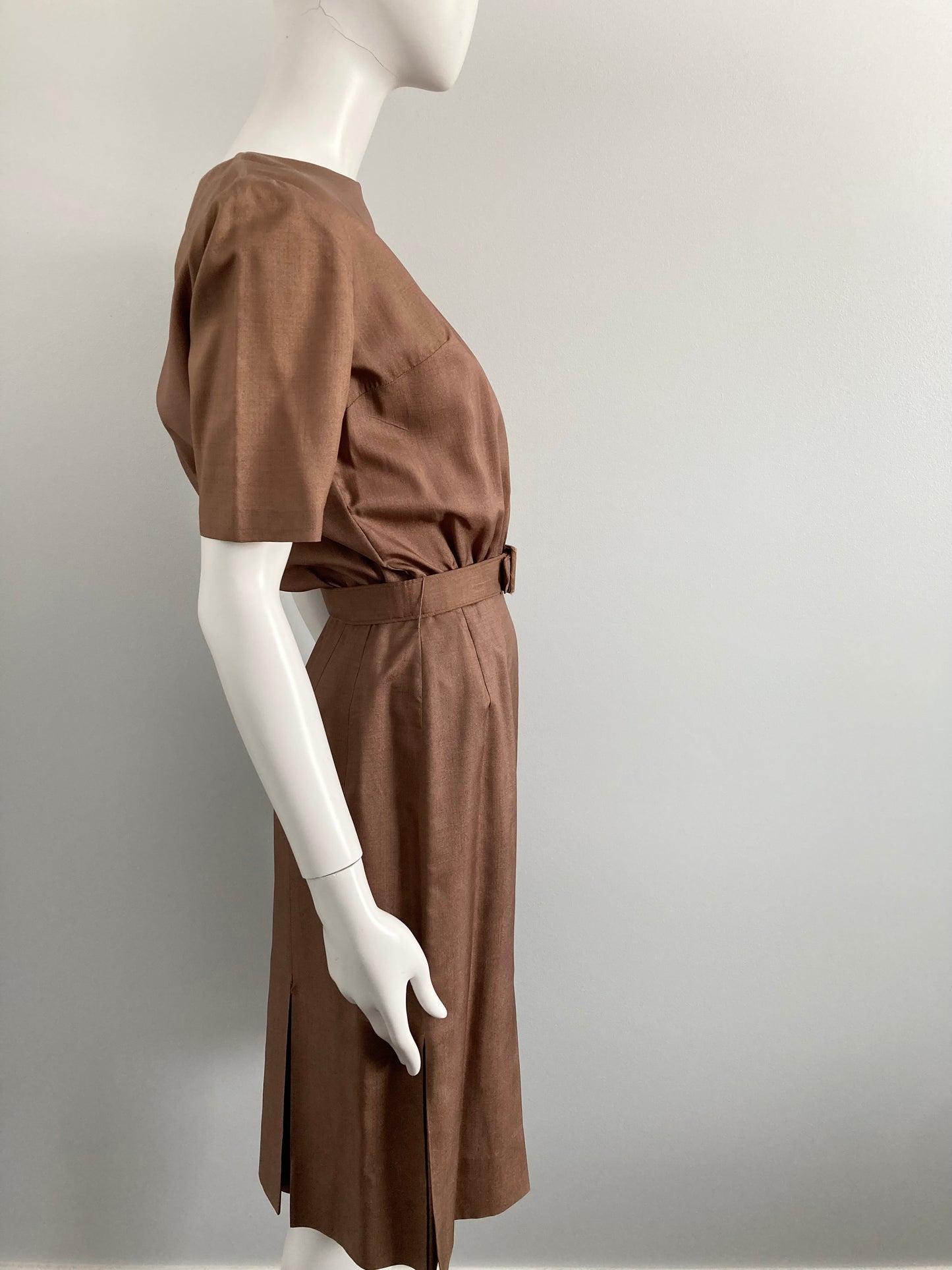 1950s Mocha  Day Dress with Pleated Skirt Details, Size XS