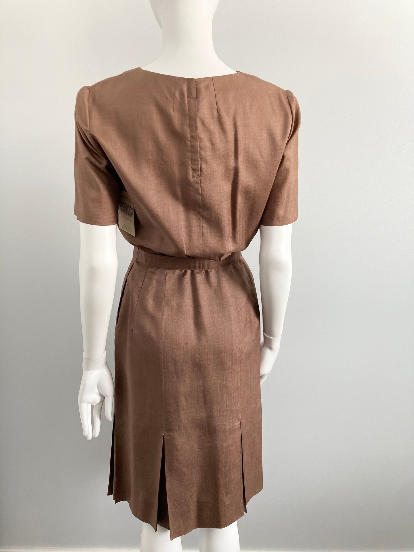 1950s Mocha  Day Dress with Pleated Skirt Details, Size XS