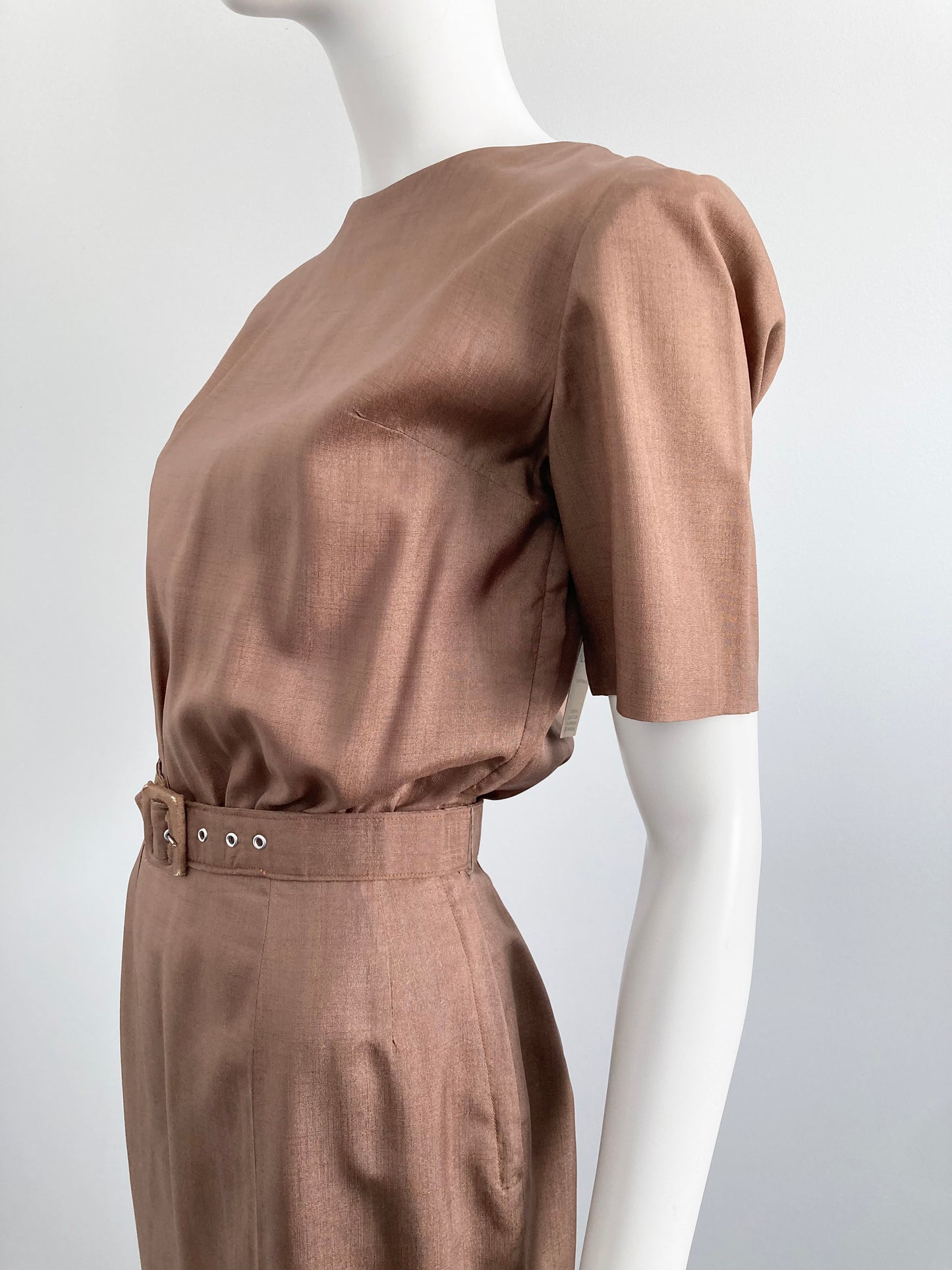 1950s Mocha  Day Dress with Pleated Skirt Details, Size XS