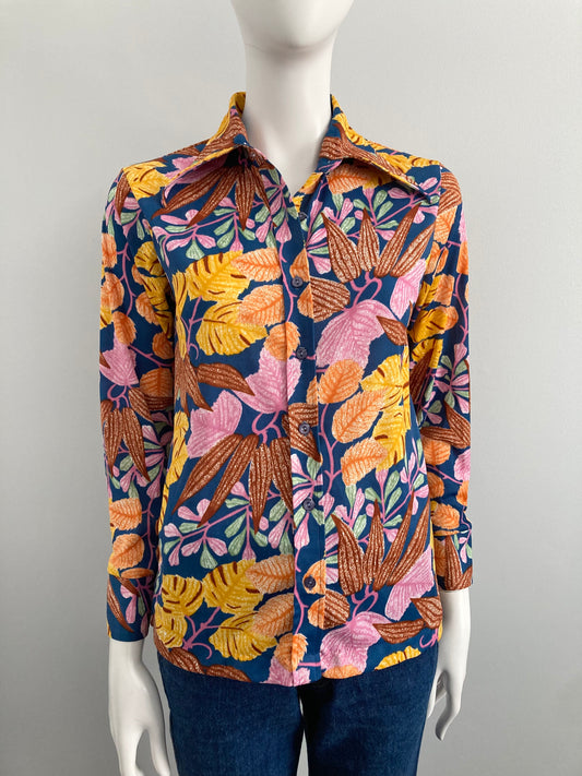 1970s Dagger Collar Blouse, Size S/M, 70s Floral Jersey Dagger Collar Shirt