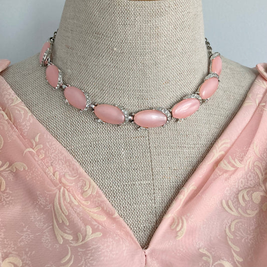 Vintage Soft Pink Moon Glow Thermoset Choker and Earring Set, Adjustable Silver and Pink Vintage Choker Necklace, Sparkly 60s Jewellery Set