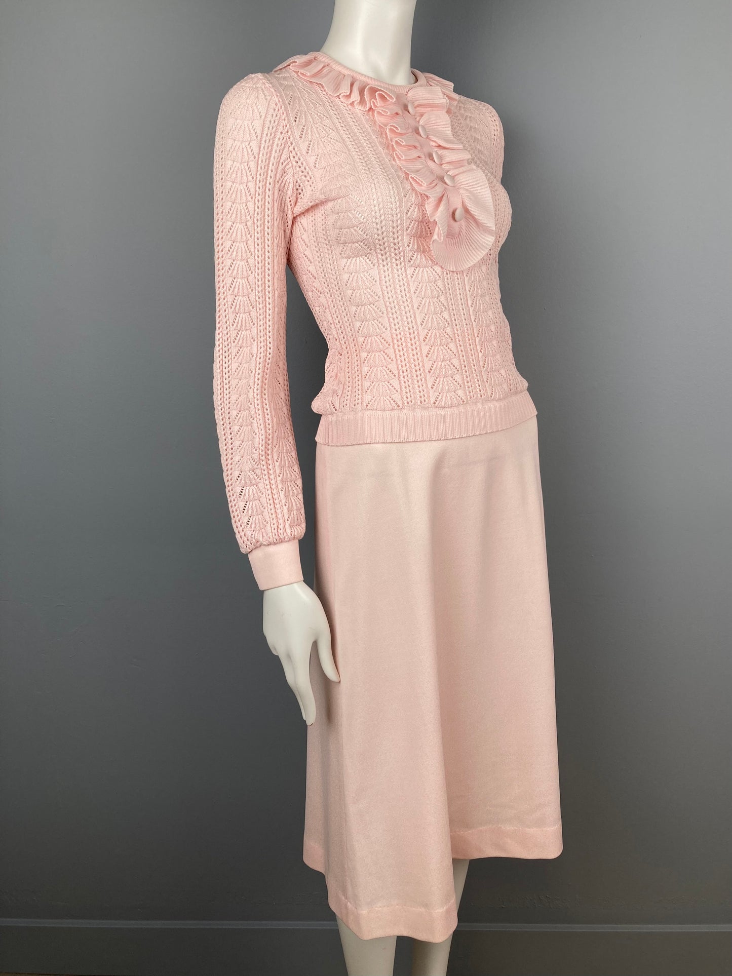 70s Two Piece Tricot Knit Skirt and Sweater Set, Pink 2 Piece Sweater and Skirt Set, 70s does 30s Fancy Knit 2 Piece Set, Size S