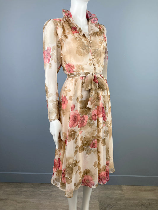 1970s Sheer and Feminine Printed Chiffon Dress, Size S, Vintage Floral Chiffon Afternoon Event Dress