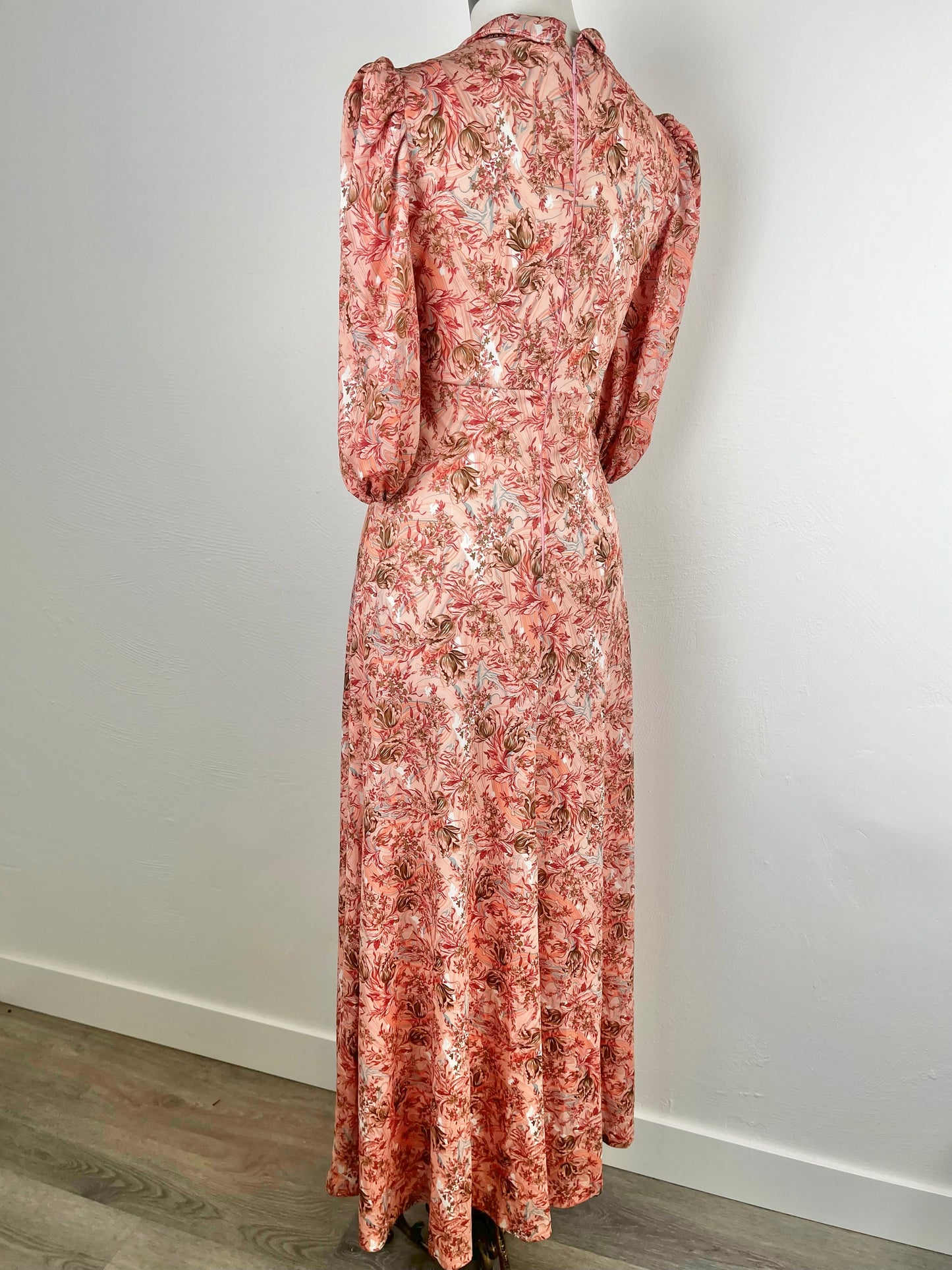 70s Does 30s Floral Maxi Dress, 1970s Peach Floral Maxi Dress, Size S