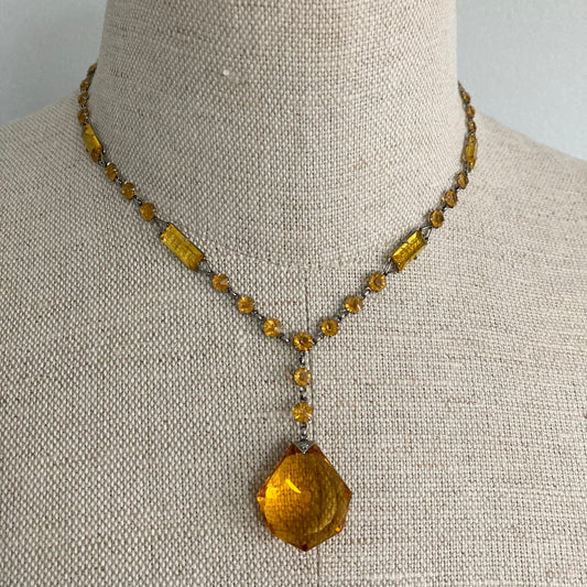 Antique Art Deco Necklace, 1920s  Glass Y Necklace, Art Deco Crystal Drop Necklace, 1920s Pendant Necklace