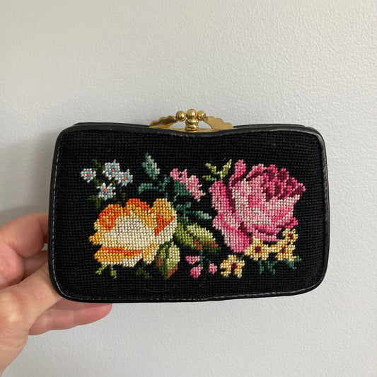 Vintage Needlepoint Floral Tapestry and Black Leather Wallet/Purse