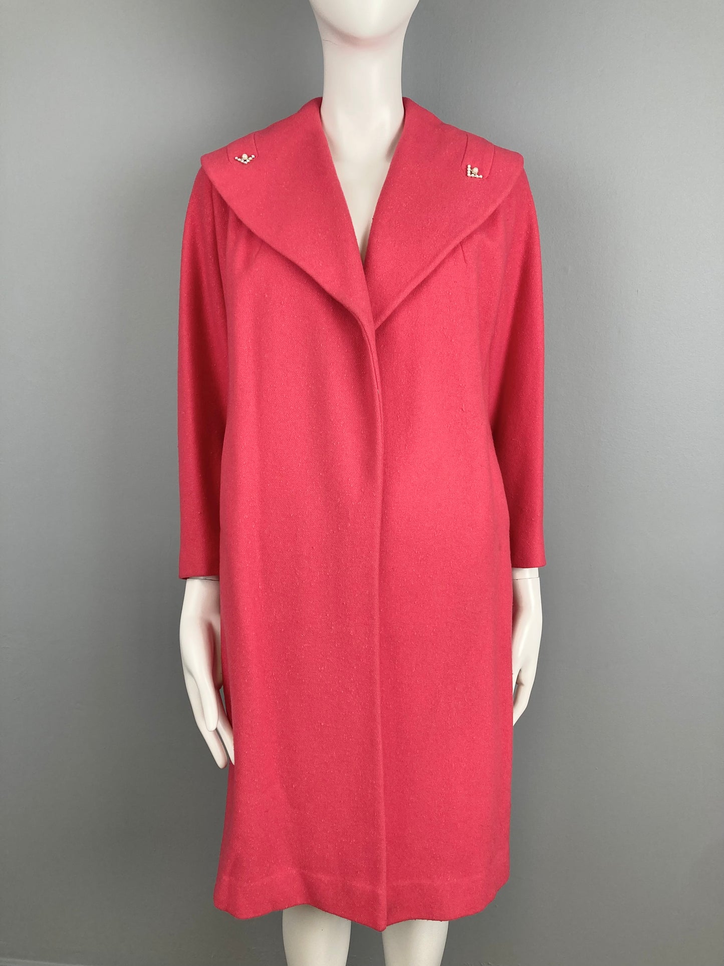 1950s Coral Cuddle Coat with Rhinestone Studs, Size M