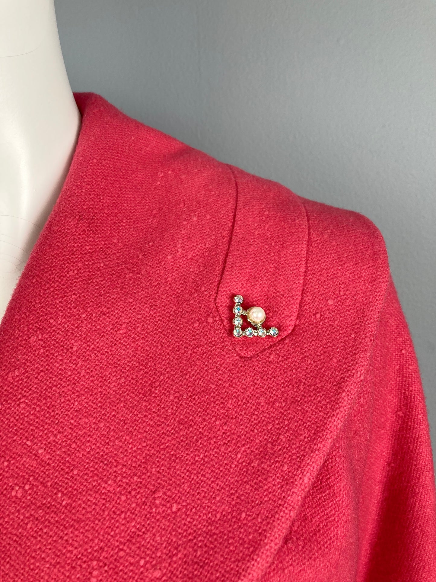 1950s Coral Cuddle Coat with Rhinestone Studs, Size M