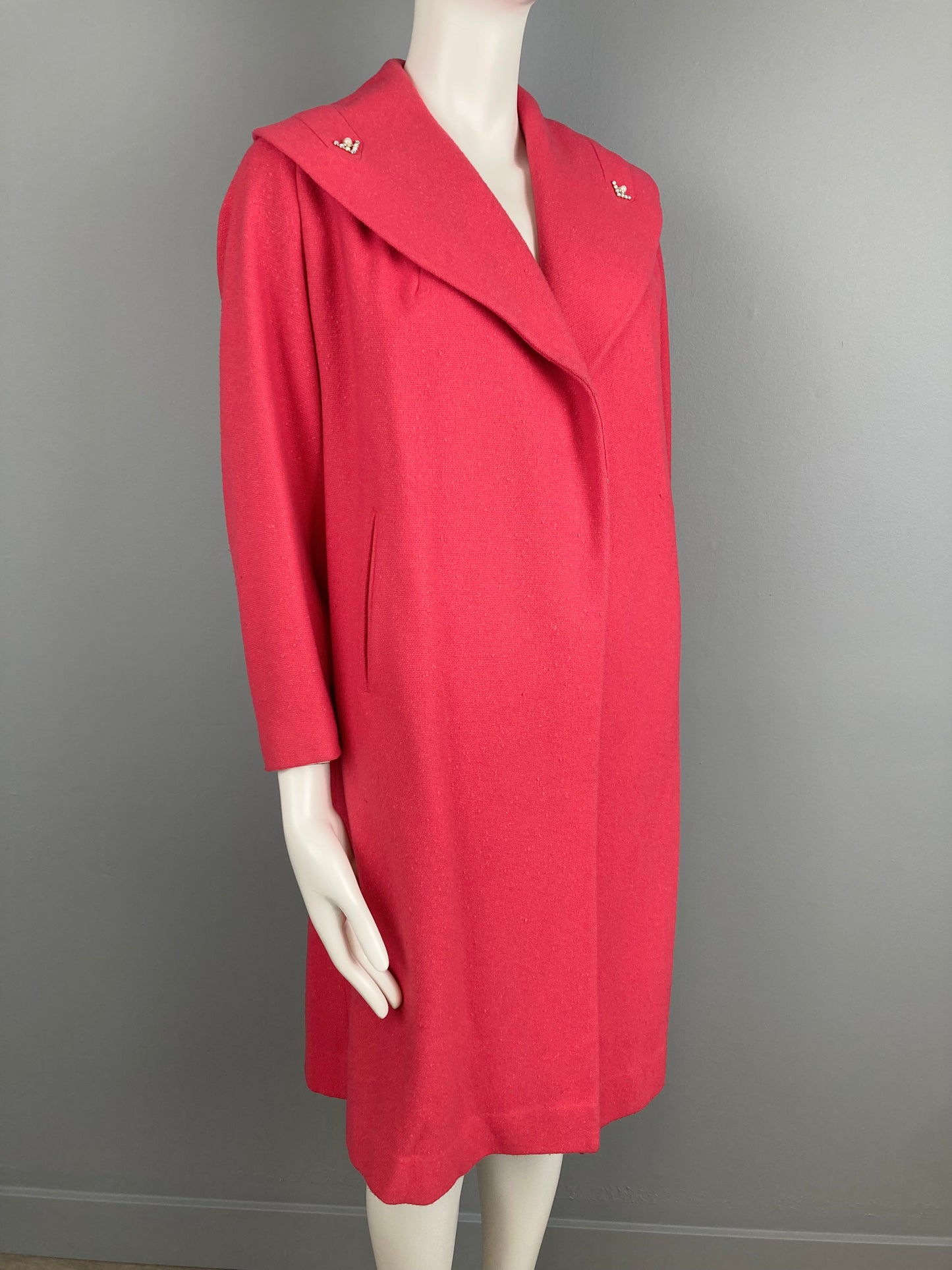 1950s Coral Cuddle Coat with Rhinestone Studs, Size M