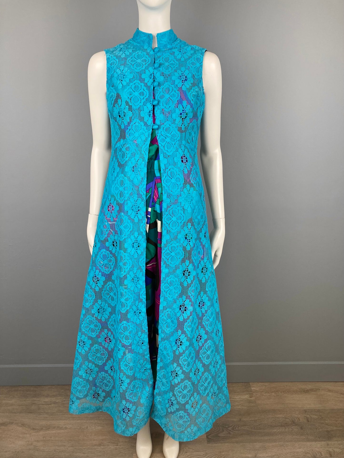 1970s Long Mod Turquoise Lace Vest, Size S, 70s Mod Fashion