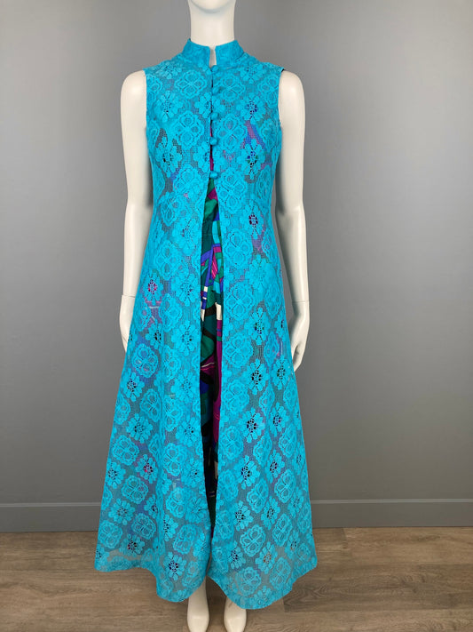 1970s Long Mod Turquoise Lace Vest, Size S, 70s Mod Fashion