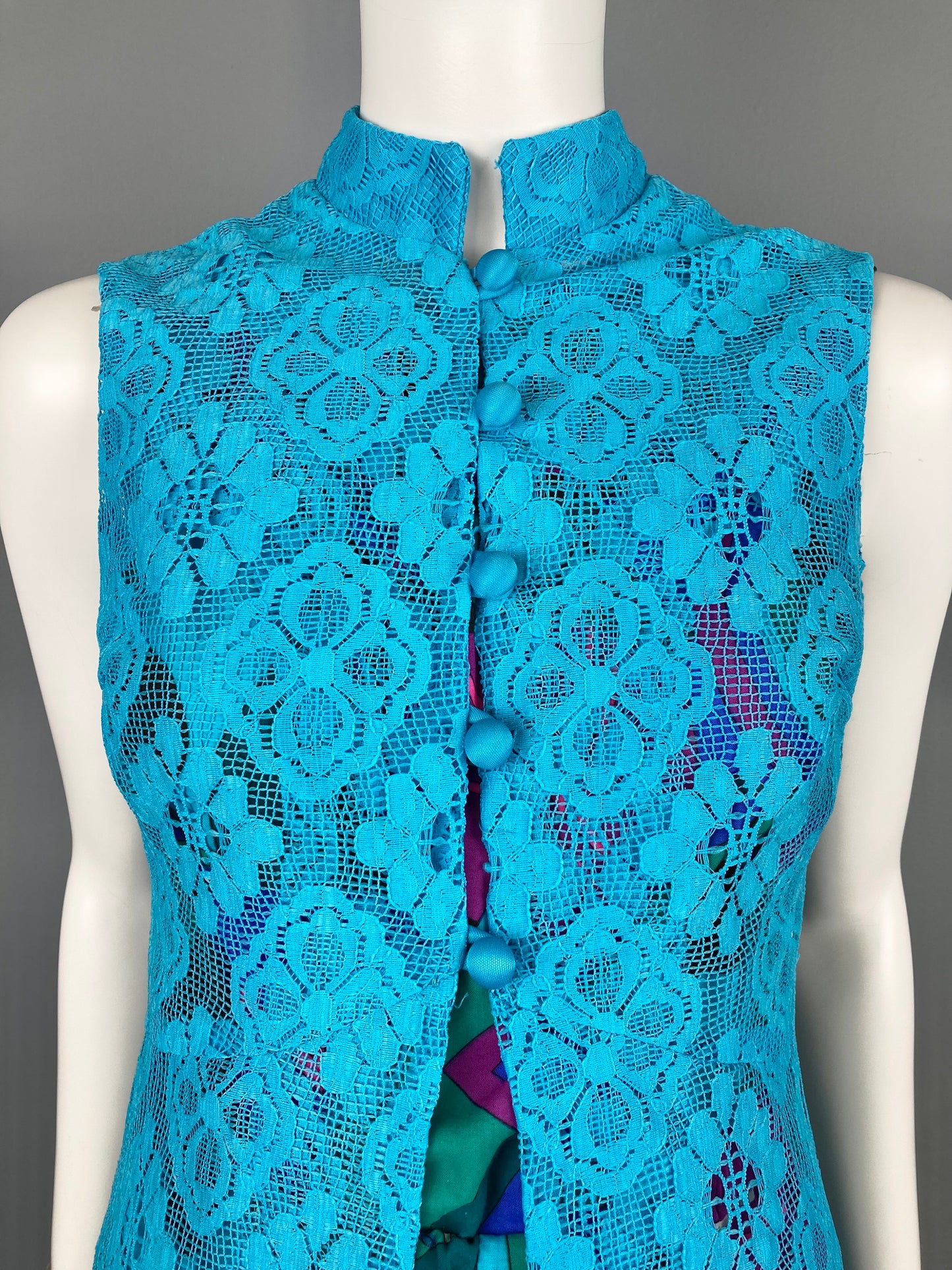 1970s Long Mod Turquoise Lace Vest, Size S, 70s Mod Fashion