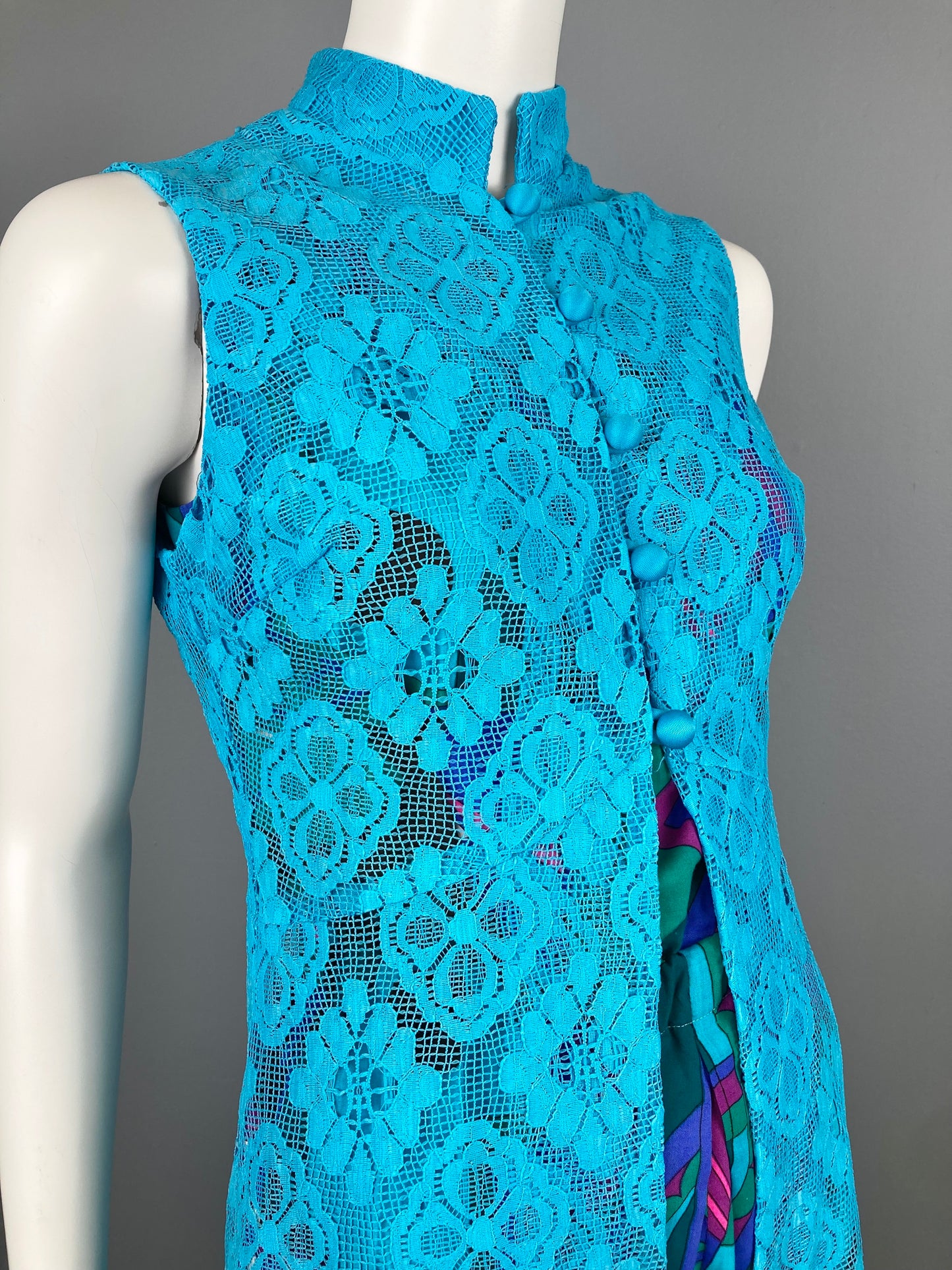 1970s Long Mod Turquoise Lace Vest, Size S, 70s Mod Fashion