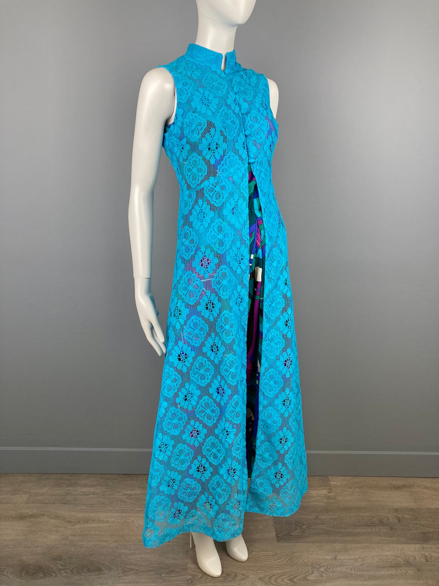 1970s Long Mod Turquoise Lace Vest, Size S, 70s Mod Fashion