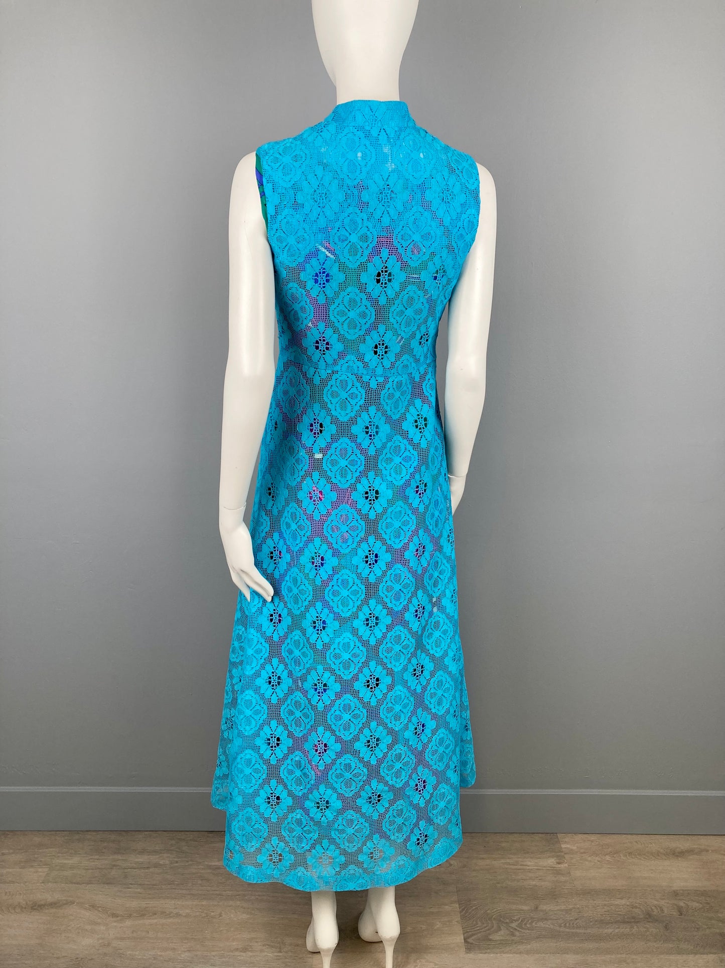 1970s Long Mod Turquoise Lace Vest, Size S, 70s Mod Fashion