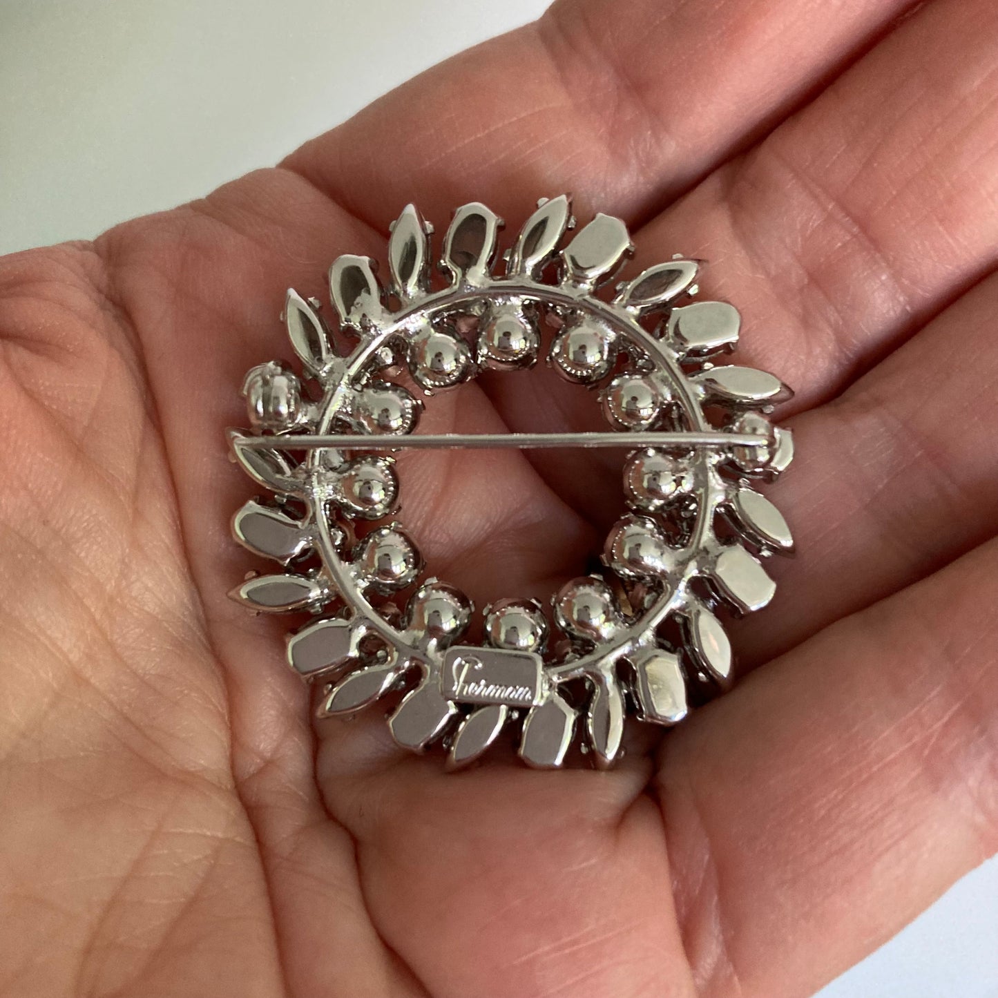 Classic Wreath Shaped Sherman Brooch, Vintage Rhinestone MCM Brooch