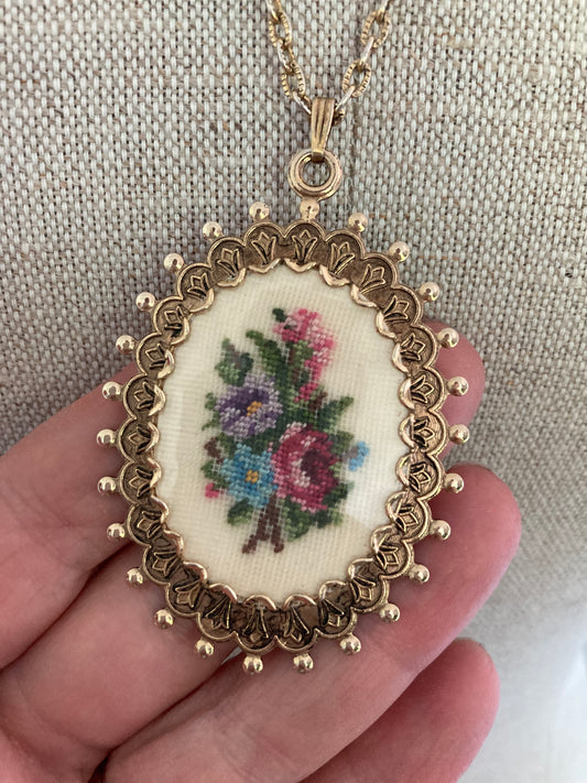 Romantic Vintage Petitpoint Necklace, Fairycore, Cottage Core, Embroidered Necklace