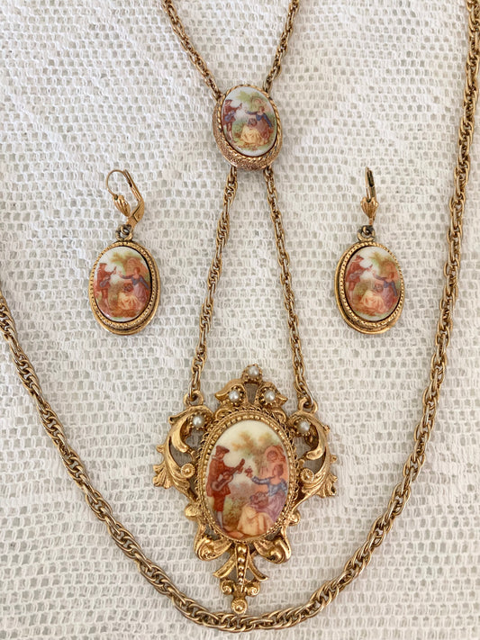 Vintage Fragonard Style Cameo Set, Rococo Porcelain Cameo Necklace and Earrings