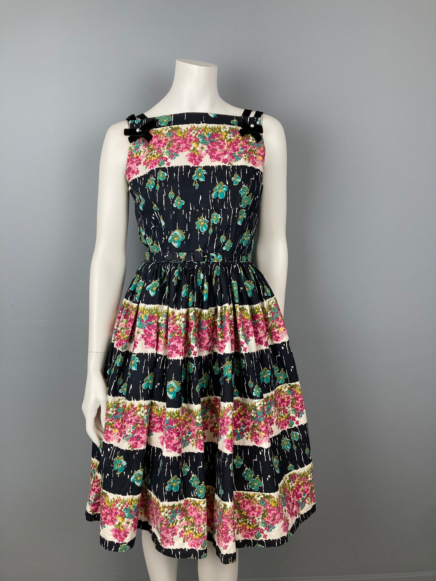 1950s Cotton Summer Dress, Vintage Fit and Flare, Size Small