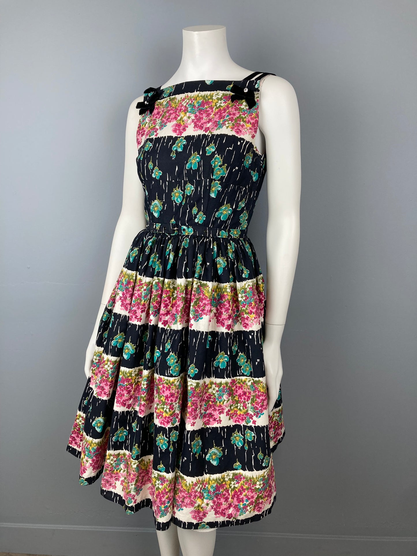 1950s Cotton Summer Dress, Vintage Fit and Flare, Size Small