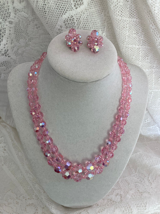Vintage Sherman Pink Crystal Necklace and Earring Set, Vintage Double Strand Necklace