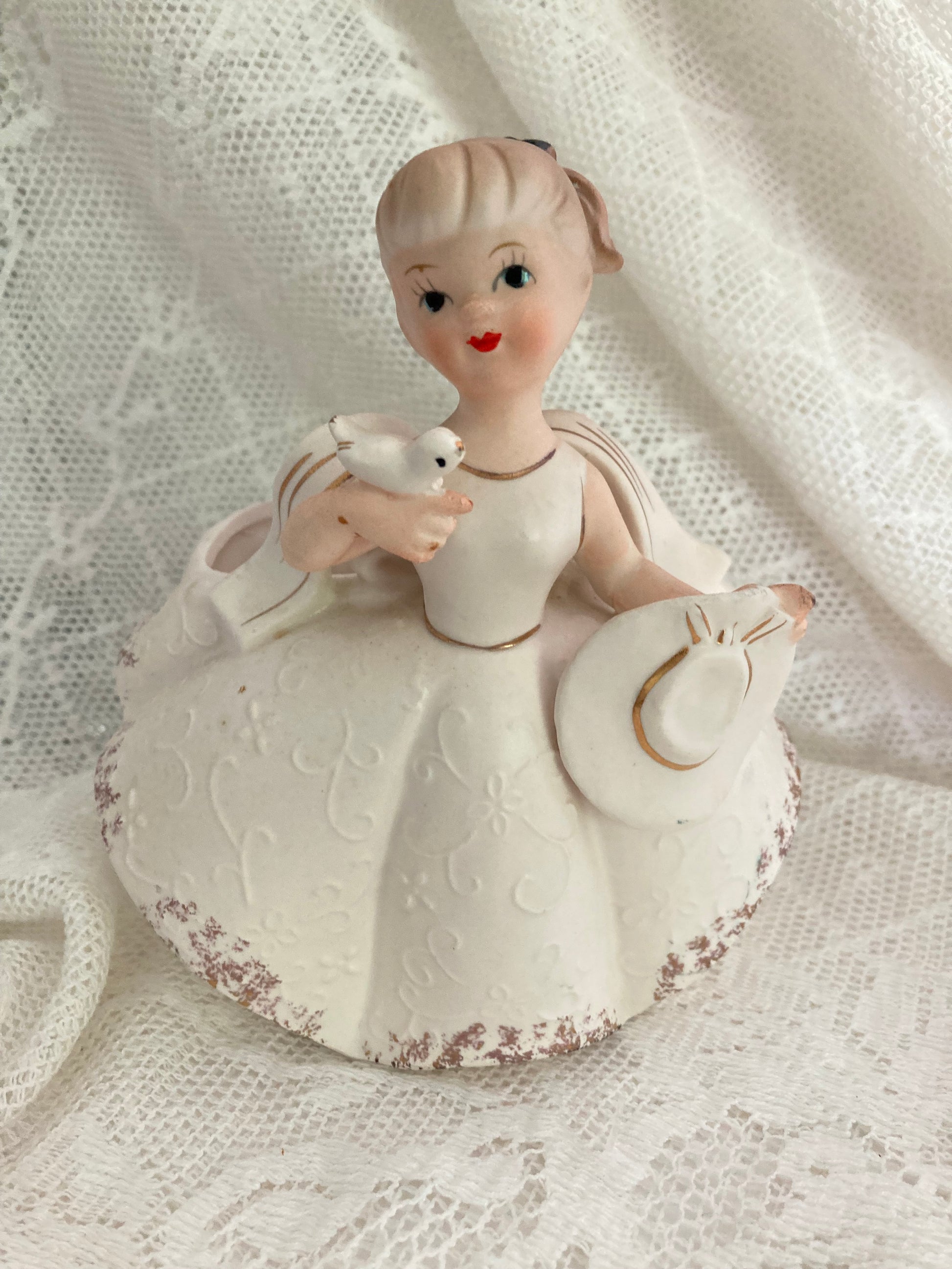 1950s Charming Vase, Girl in White Dress Vase, Rubens Planter/Vase