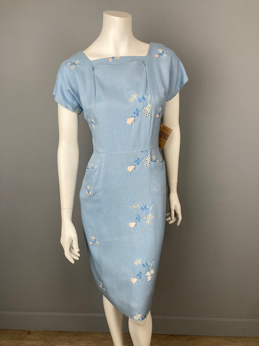 1960s Embroidered Cotton/Linen Dress, Size M, Vintage Summer Afternoon Dress