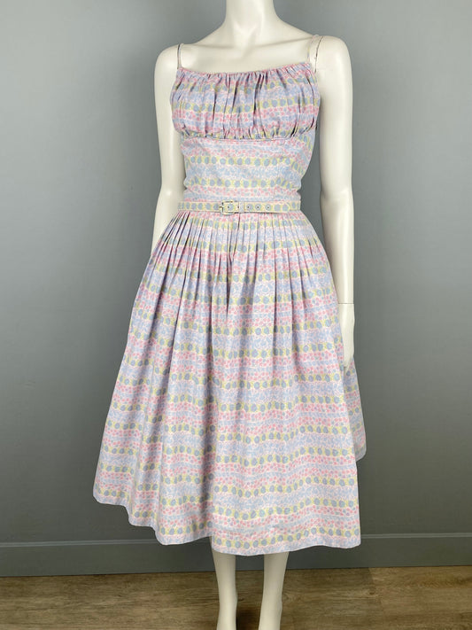 50s Pastel Cotton Fit and Flare, Vintage Cotton Summer Dress, 50s Cotton Sundress, Size S
