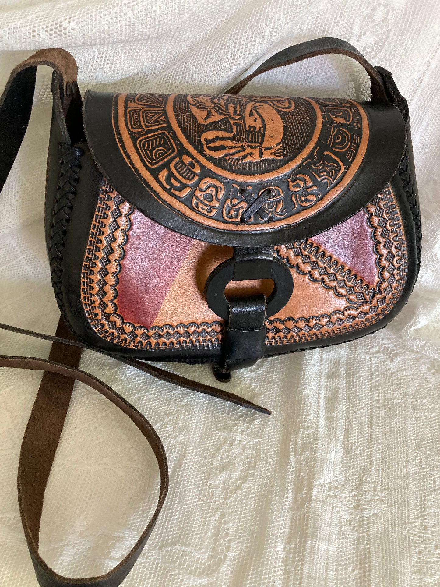 Vintage Mexican Leather Shoulder Bag, Black Burgundy and Brown Purse