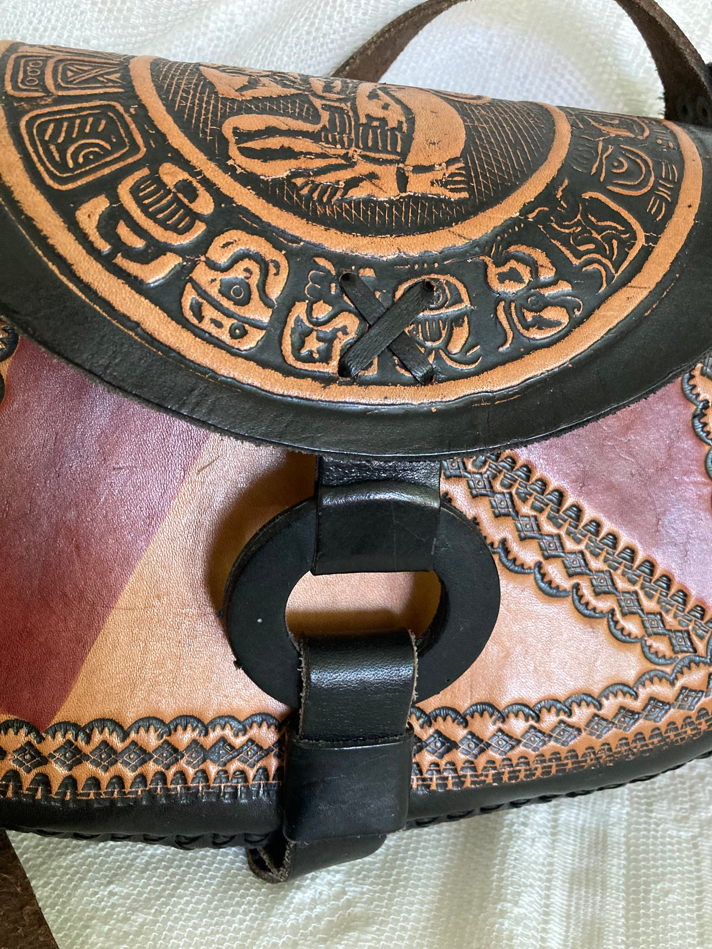 Vintage Mexican Leather Shoulder Bag, Black Burgundy and Brown Purse