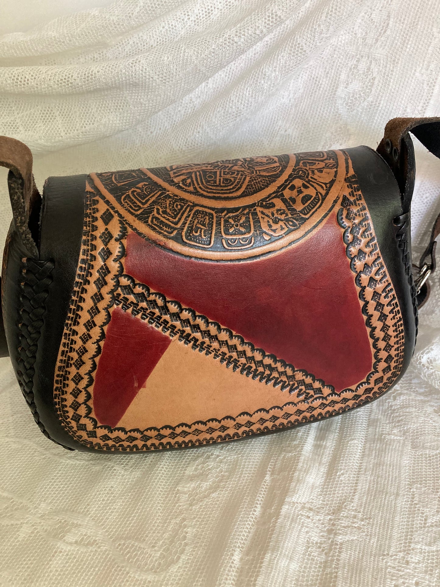 Vintage Mexican Leather Shoulder Bag, Black Burgundy and Brown Purse