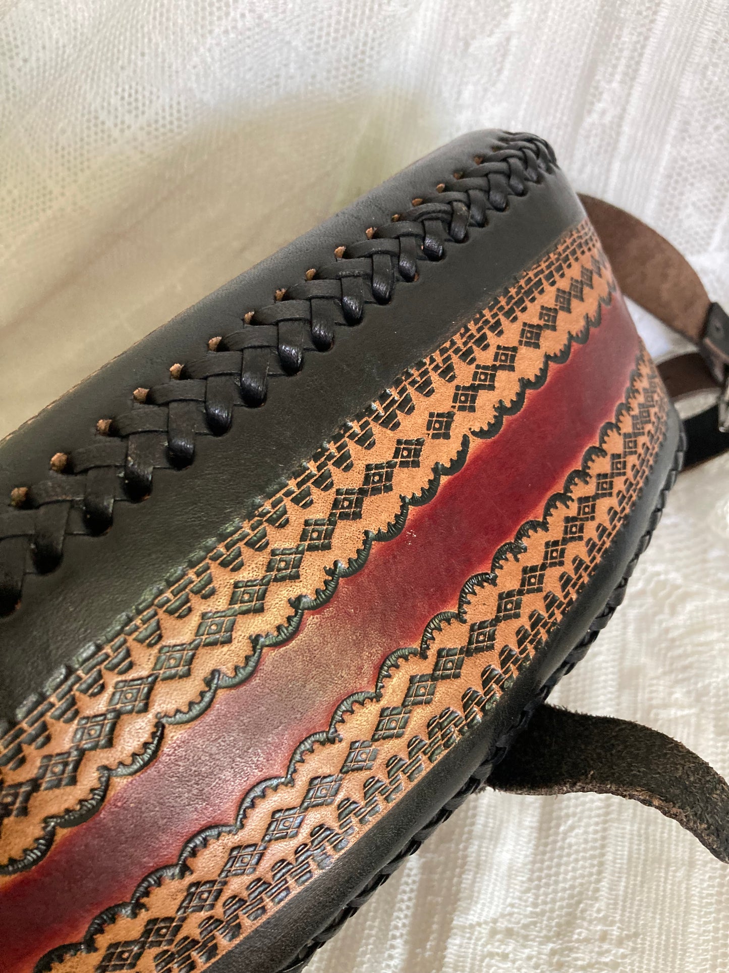 Vintage Mexican Leather Shoulder Bag, Black Burgundy and Brown Purse