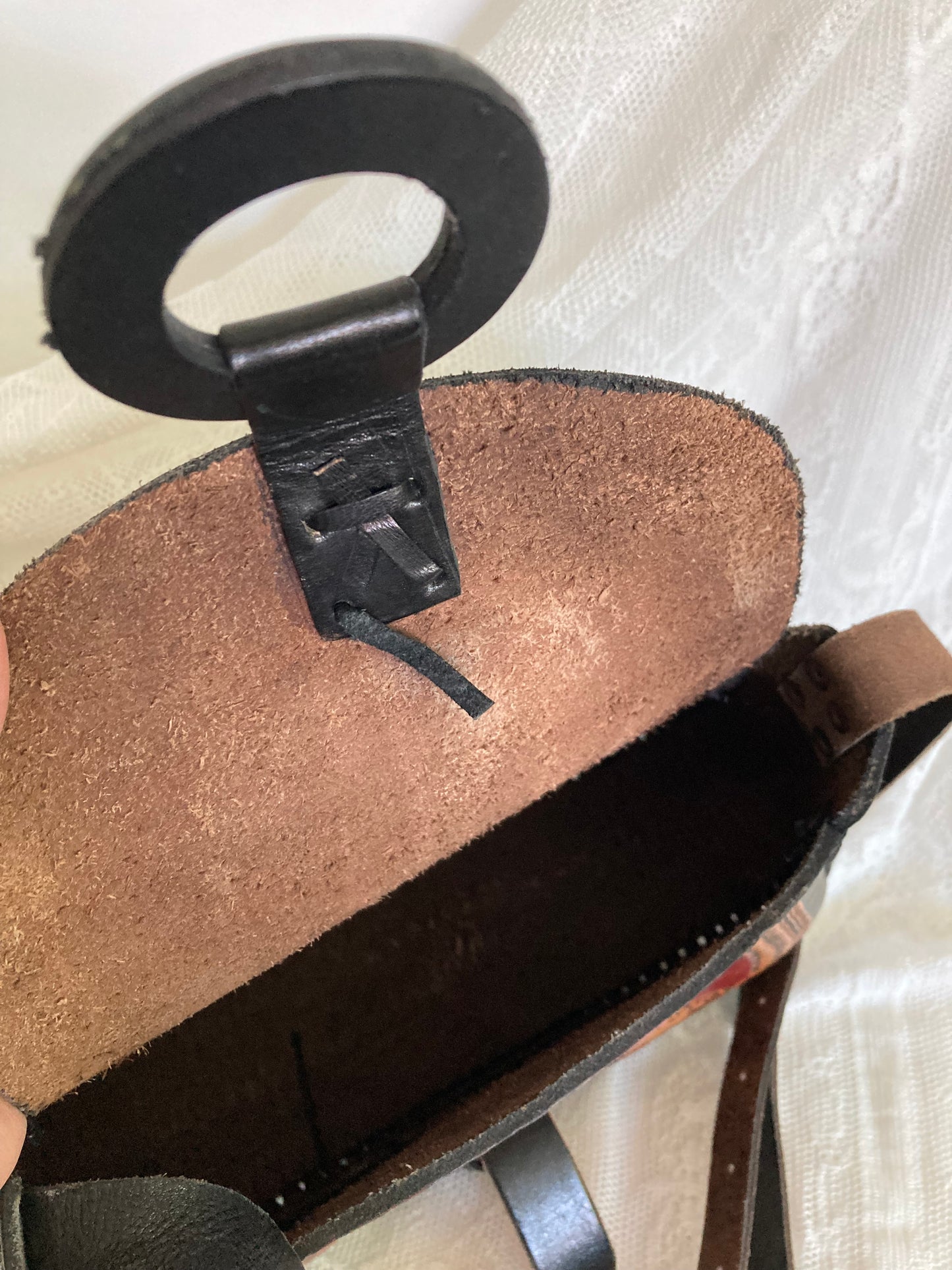 Vintage Mexican Leather Shoulder Bag, Black Burgundy and Brown Purse