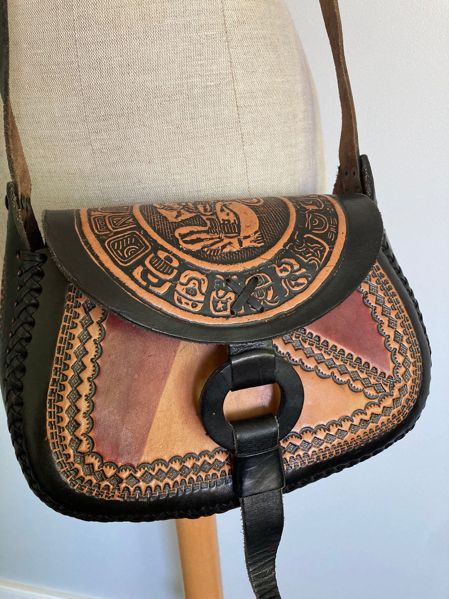 Vintage Mexican Leather Shoulder Bag, Black Burgundy and Brown Purse